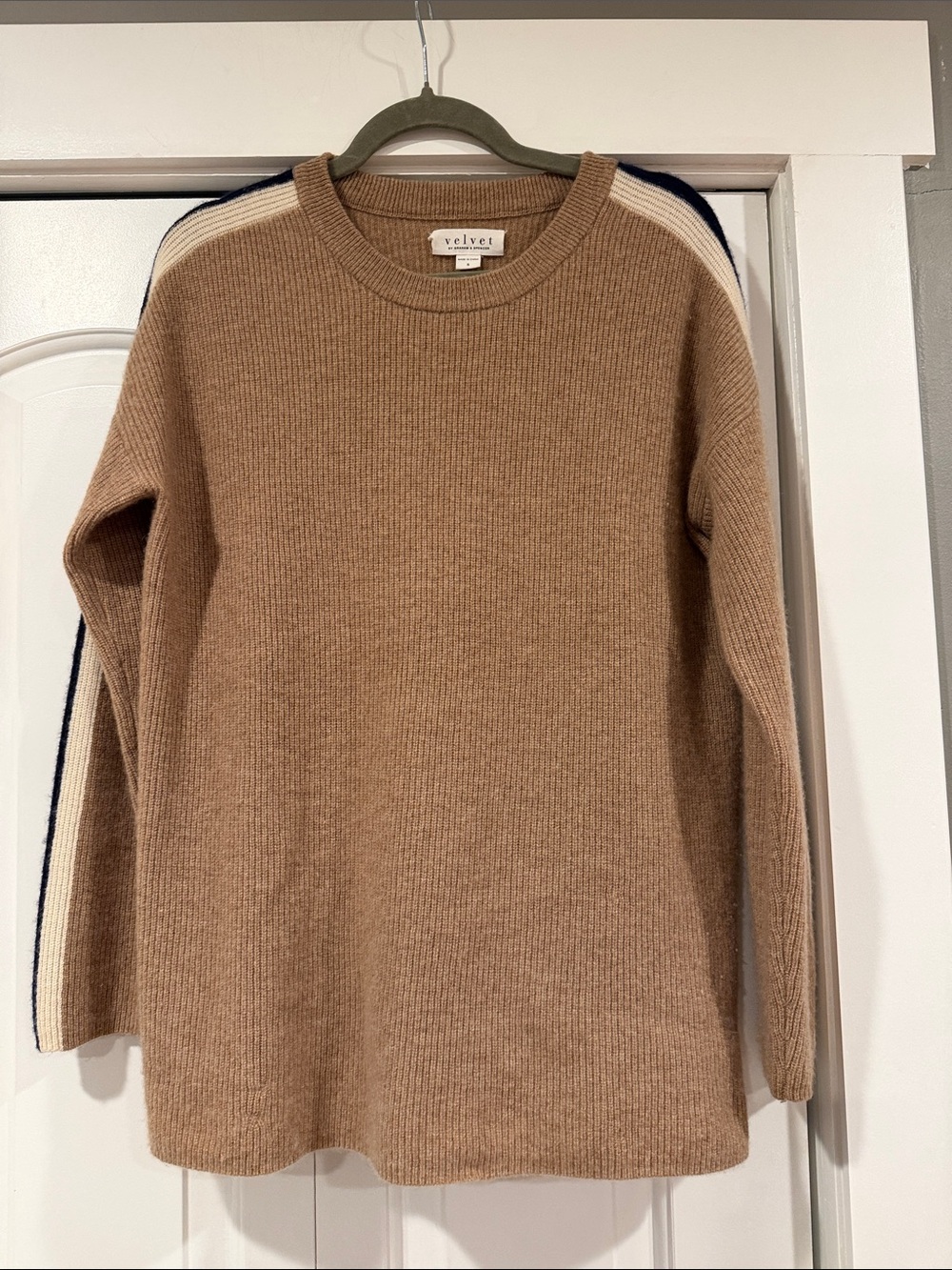 Velvet by Graham & Spencer Tan Crewneck cashmere Sweater with Contrast Stripes s